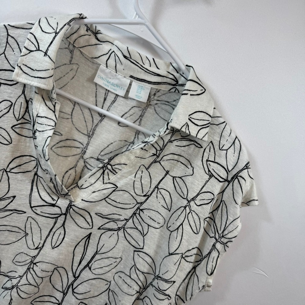Cynthia Rowley Womens White Black Botanical Leaf 100% Linen Boxy Top Size M